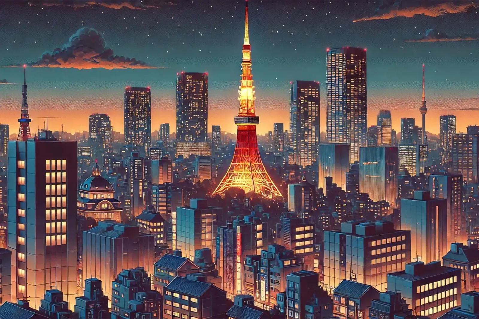 Poster notturno d'epoca di Tokyo, Giappone poster con telaio in alluminio da Chromatic Fusion Studio