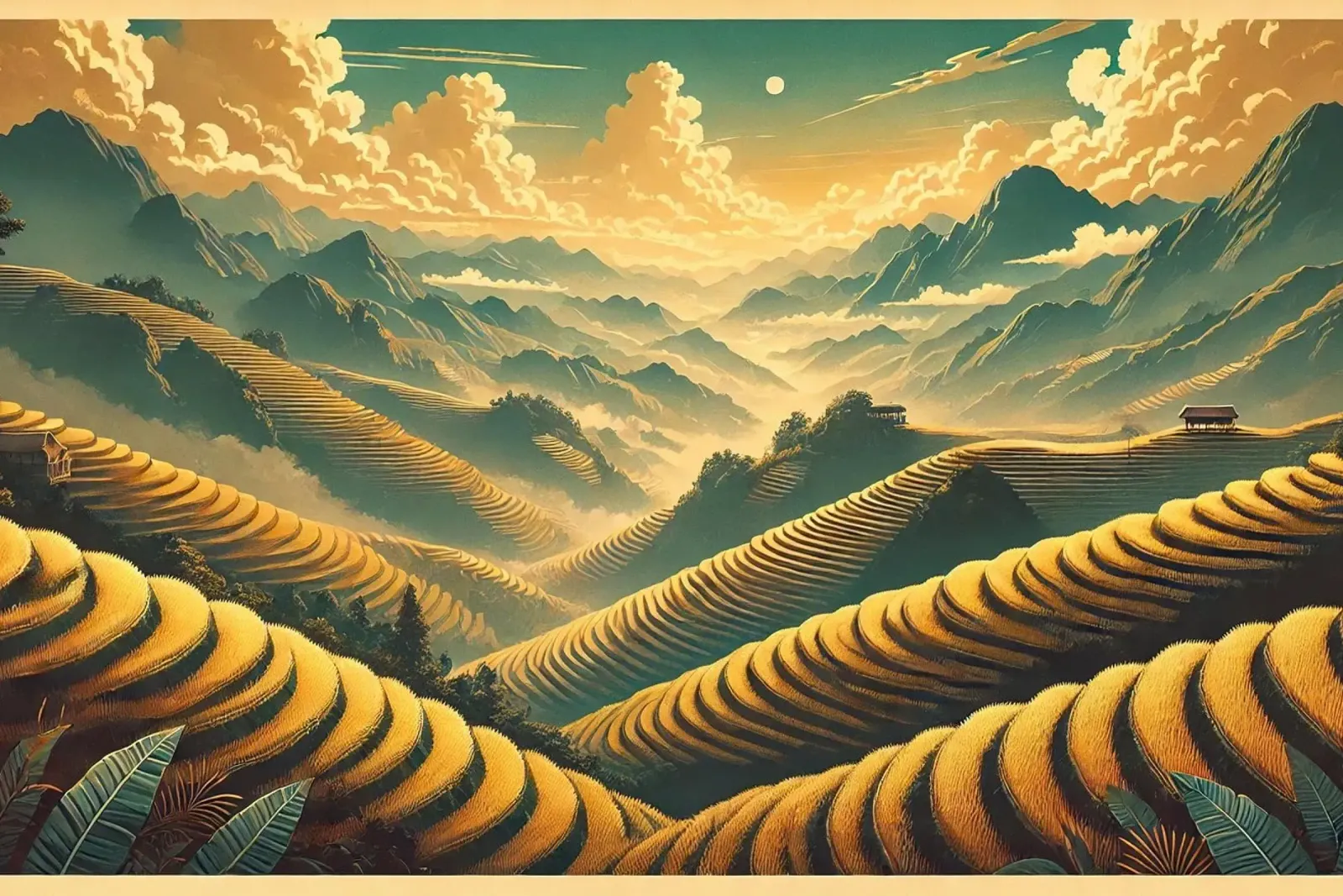 Poster d'epoca sul Vietnam, terrazze di riso di Mu Cang Chai poster con telaio in alluminio da Chromatic Fusion Studio