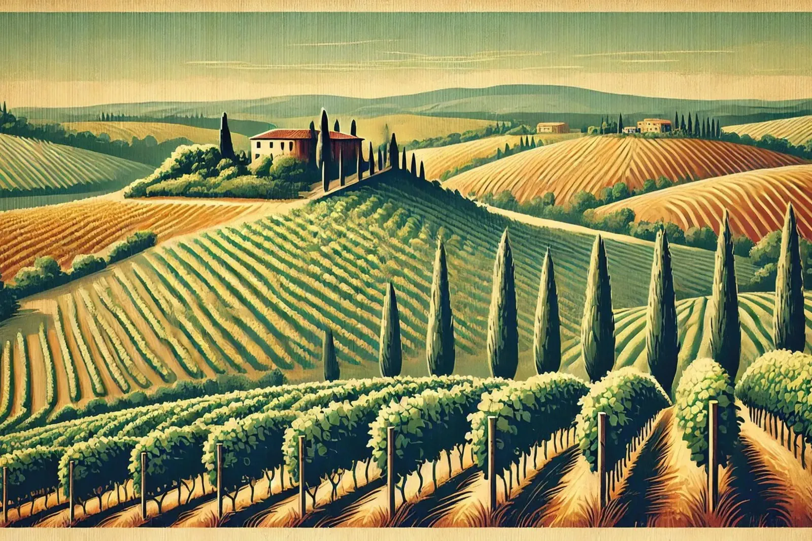 Poster Vintage Vineyard Serenity poster avec cadre en plastique de Chromatic Fusion Studio