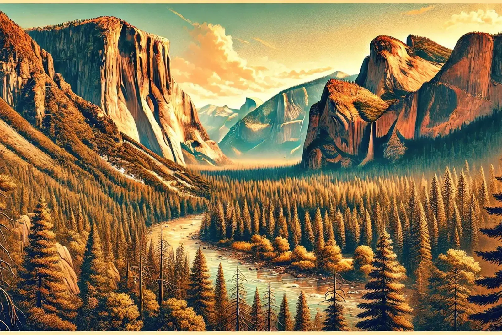 Poster d'epoca sullo Yosemite, USA poster con telaio in plastica da Chromatic Fusion Studio