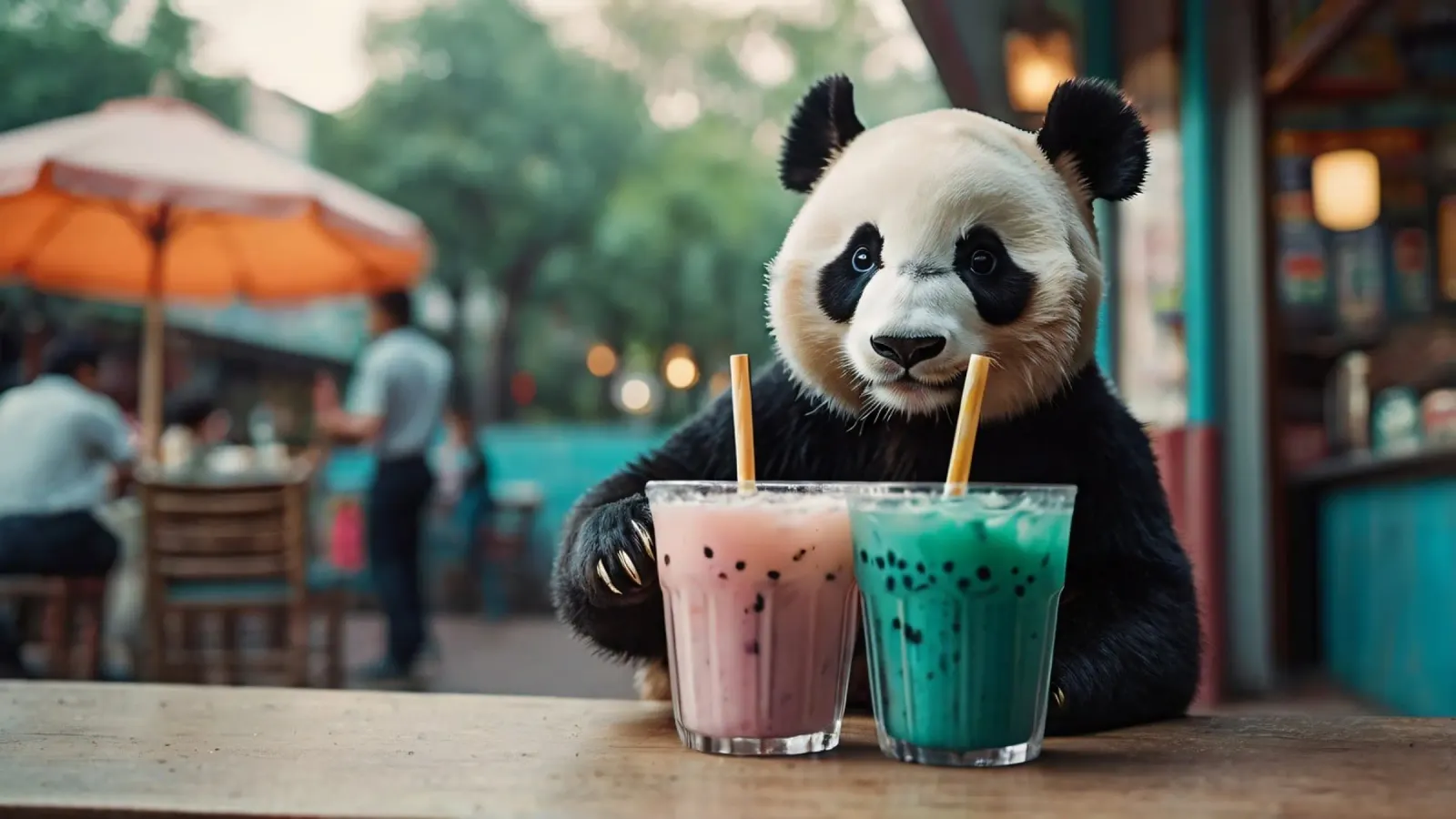 A playful panda enjoying colorful bubble teas canvas with Floater frame by DesignDoodle