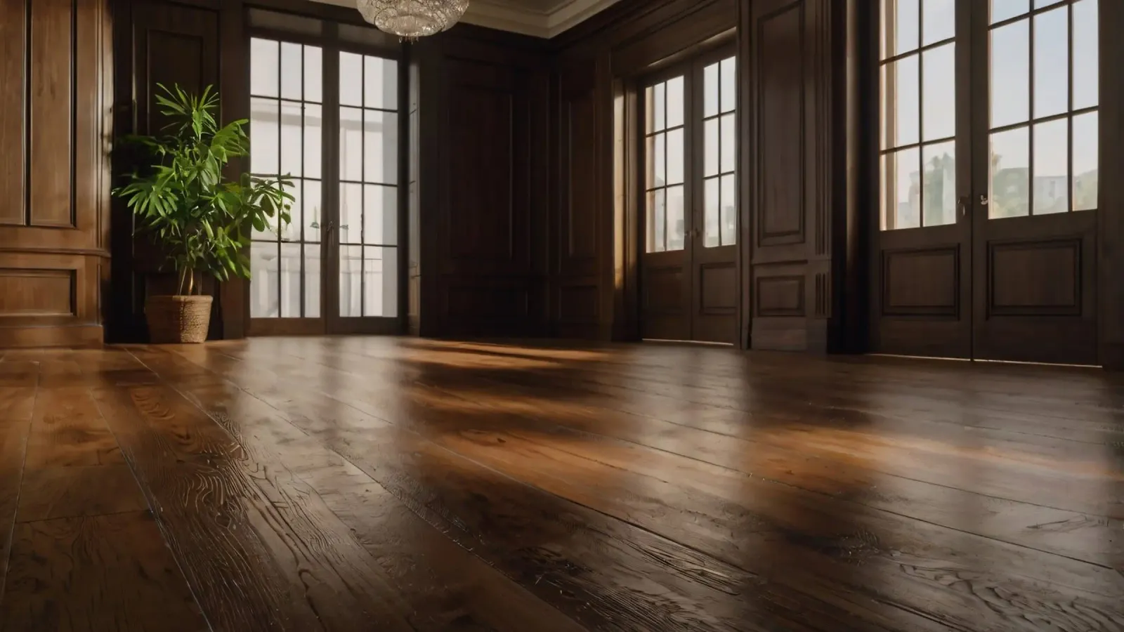 empty room with polished wooden floor and large windows canvas by DesignDoodle