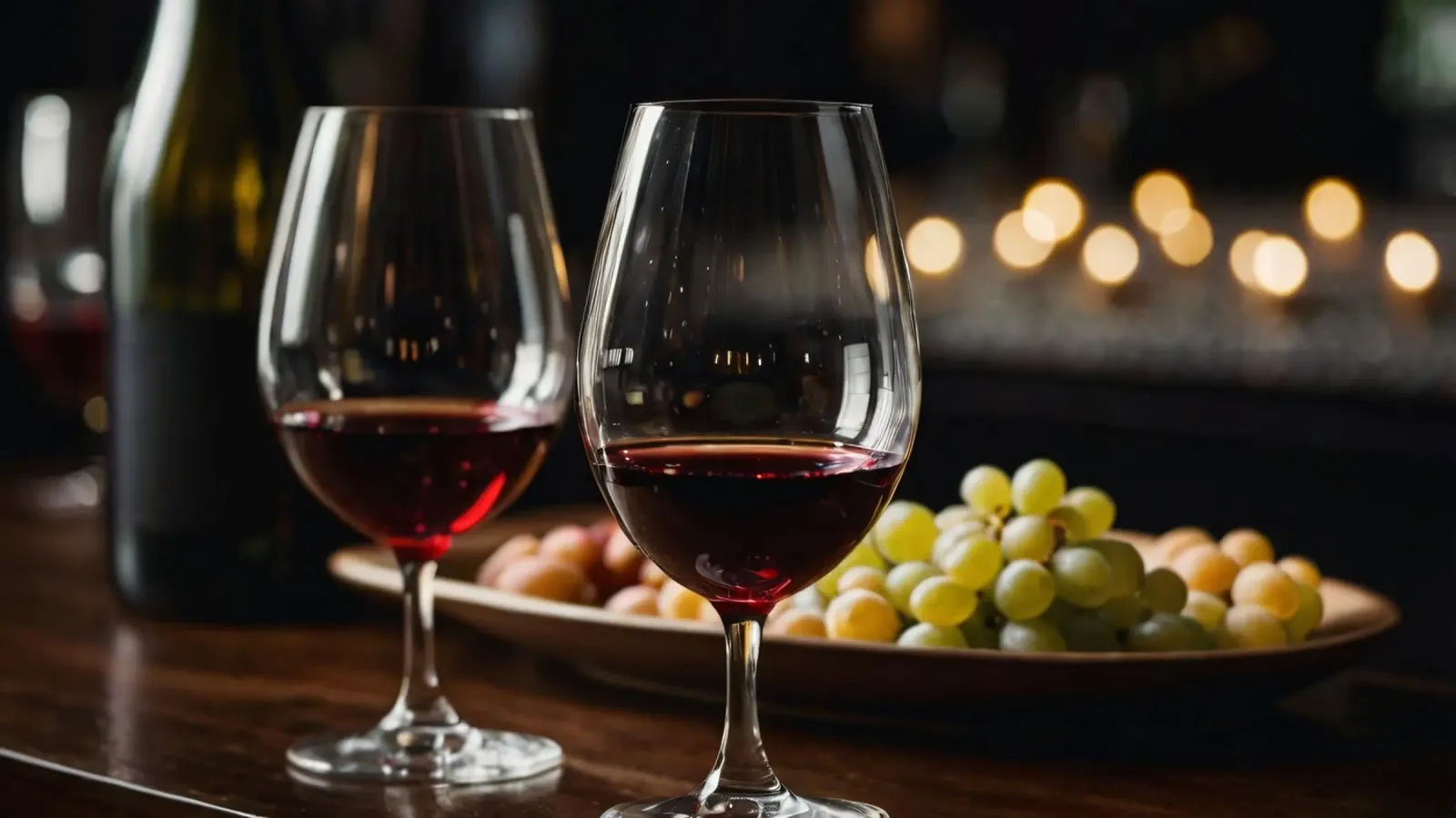 Eleganti bicchieri da vino rosso con uva in un bar accogliente pellicola backlit da DesignDoodle