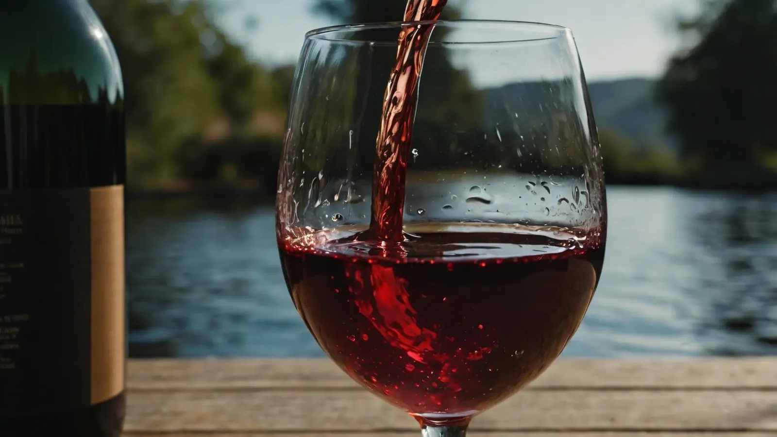 Versare del vino rosso in un bicchiere accanto a un lago tranquillo, al sole. pellicola backlit da DesignDoodle
