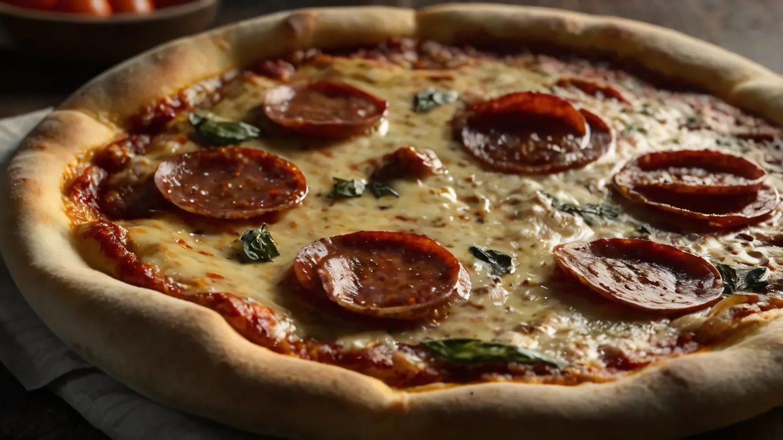 Deliziosa pizza al salame piccante condita con basilico fresco servita pellicola backlit da DesignDoodle