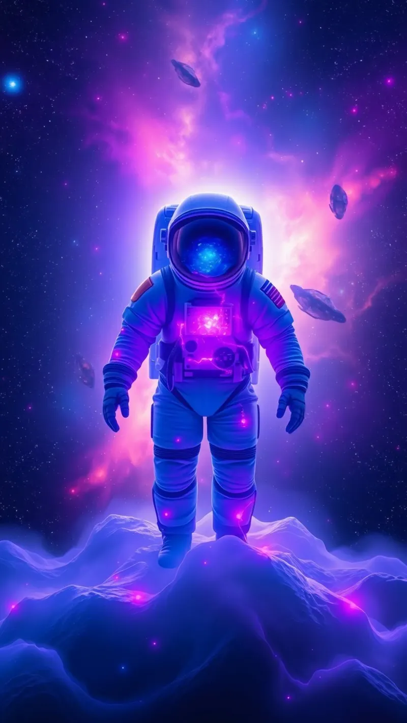 Un astronauta explora el colorido telón de fondo de una galaxia hahnemühle de DesignDoodle