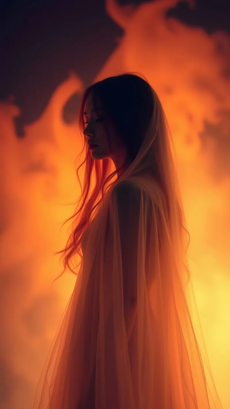 Elegant silhouette stands against a fiery background canvas by DesignDoodle