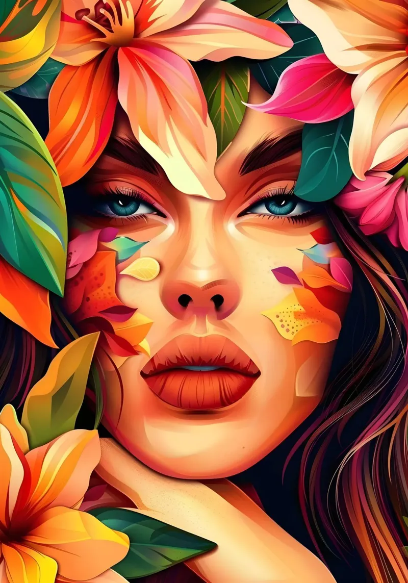 Ritratto della bambina in fiore poster con telaio in legno da Artful Muse