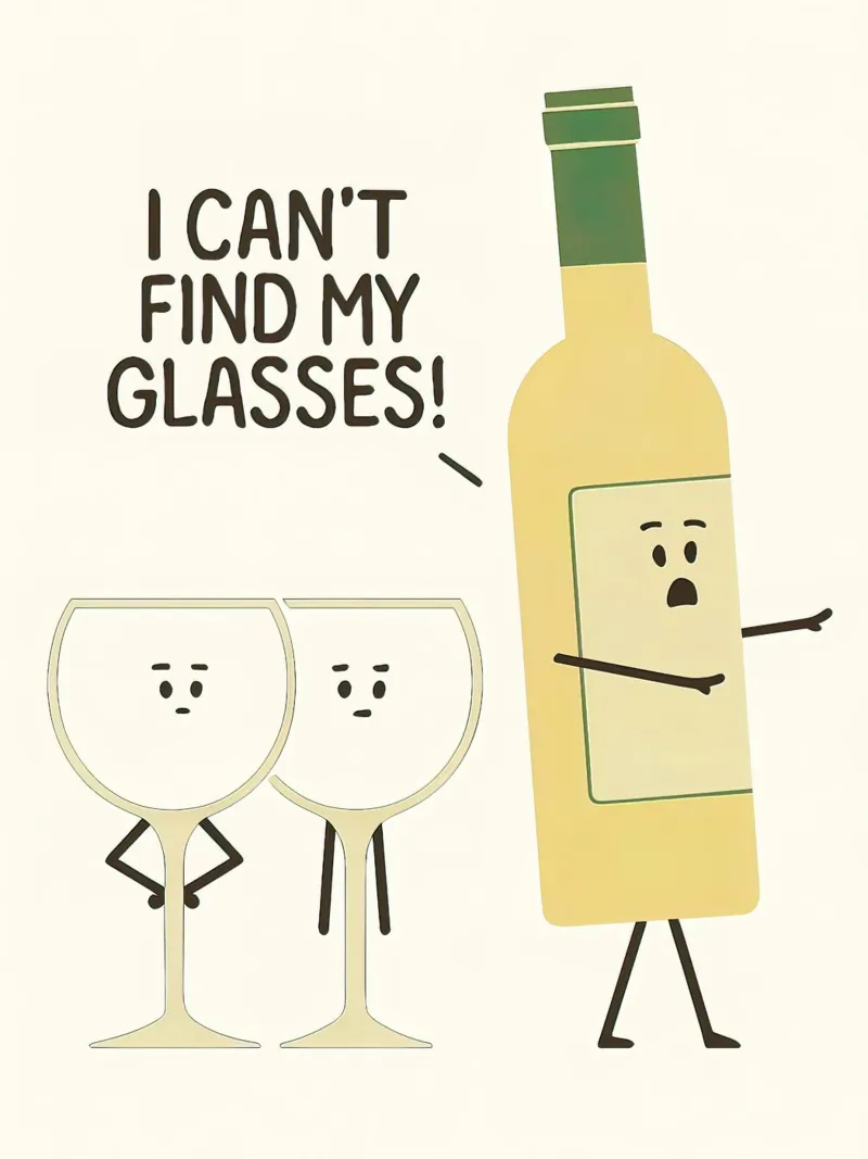 Personaggio umoristico dei cartoni animati con bicchieri e bottiglie di vino poster con telaio in alluminio da 🥝 KIWI STORE