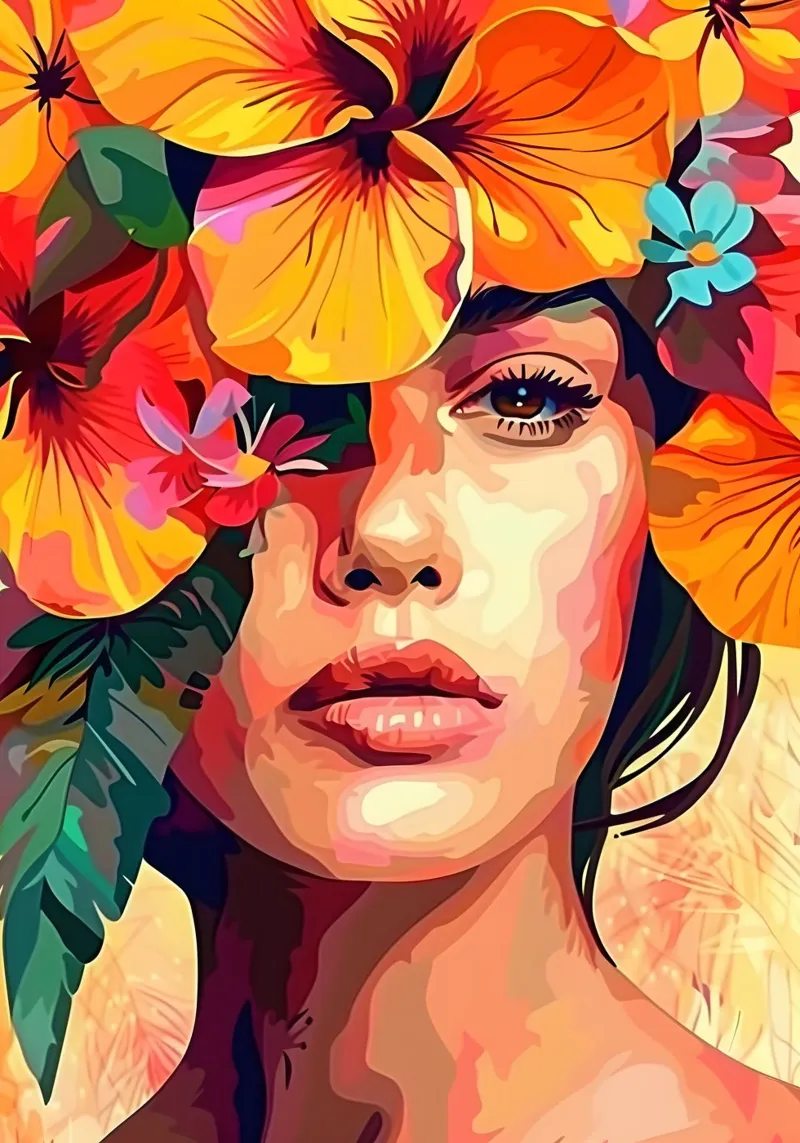 Ritratto della bambina in fiore poster con telaio in legno da Artful Muse