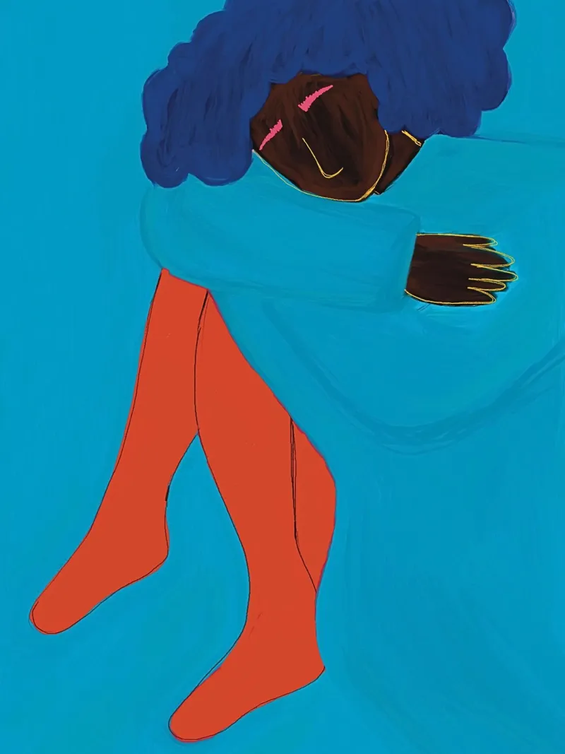 Vrouw in blauw en rood canvas van tainah negreiros