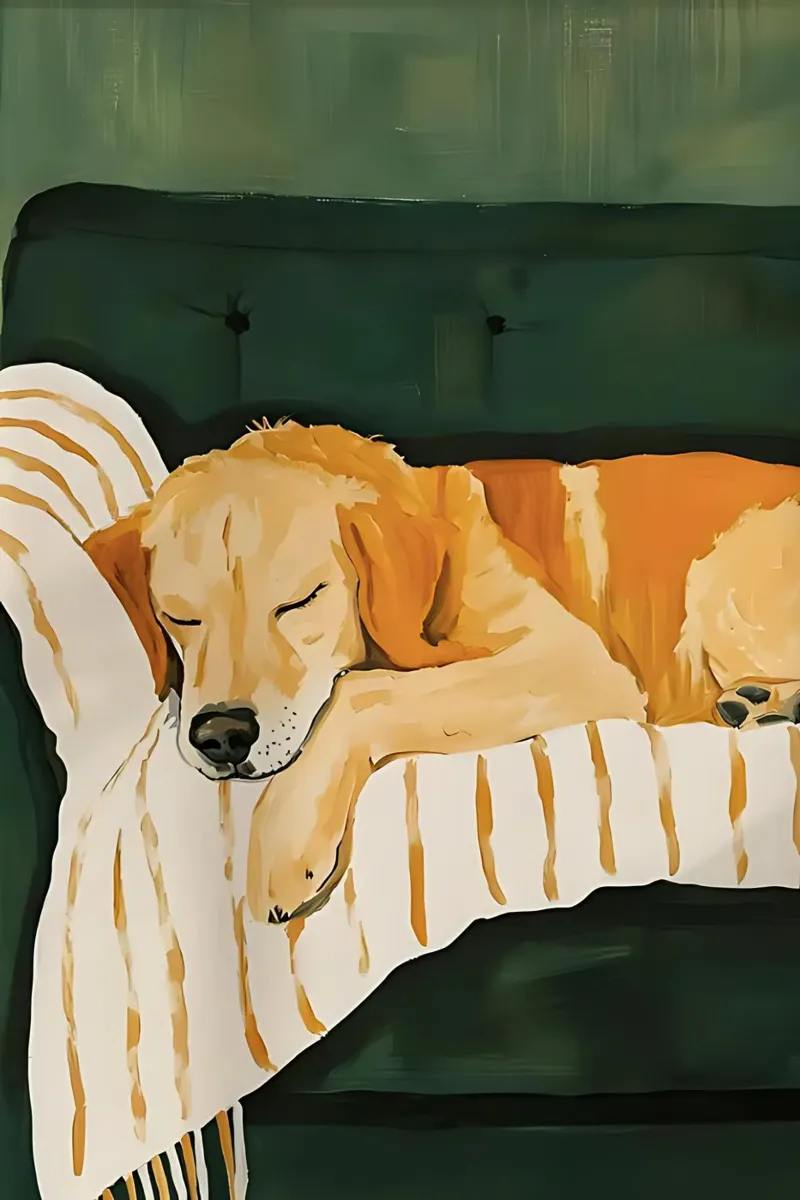 Sleeping Dog on Couch, Emerald Green Art acrylic glass by Little Lila