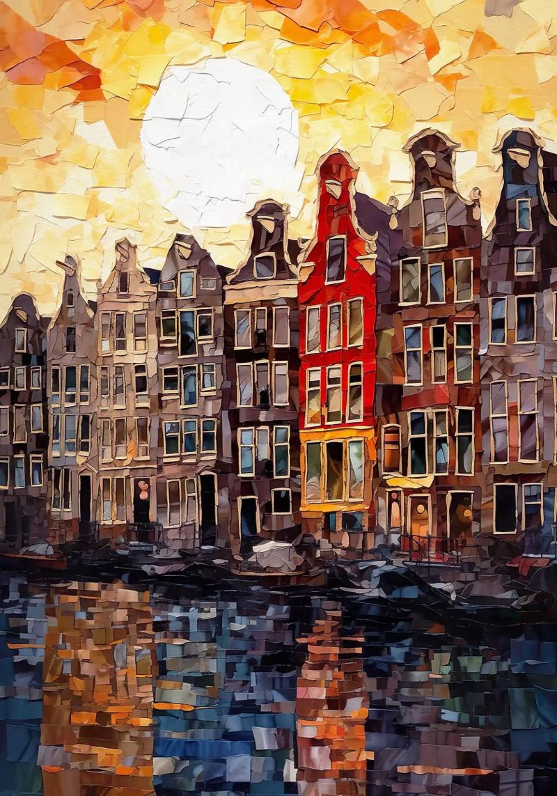 gracht zon water reflectie zonsondergang herenhuizen hemel ramen doo poster van Kristen Parr