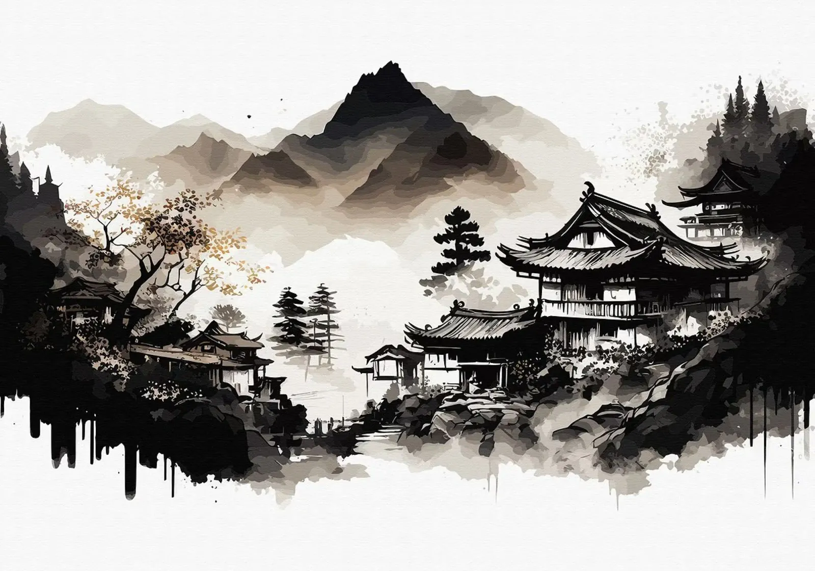 mountains traditional-architecture pagoda temple tree mist f canvas by minerva santiago