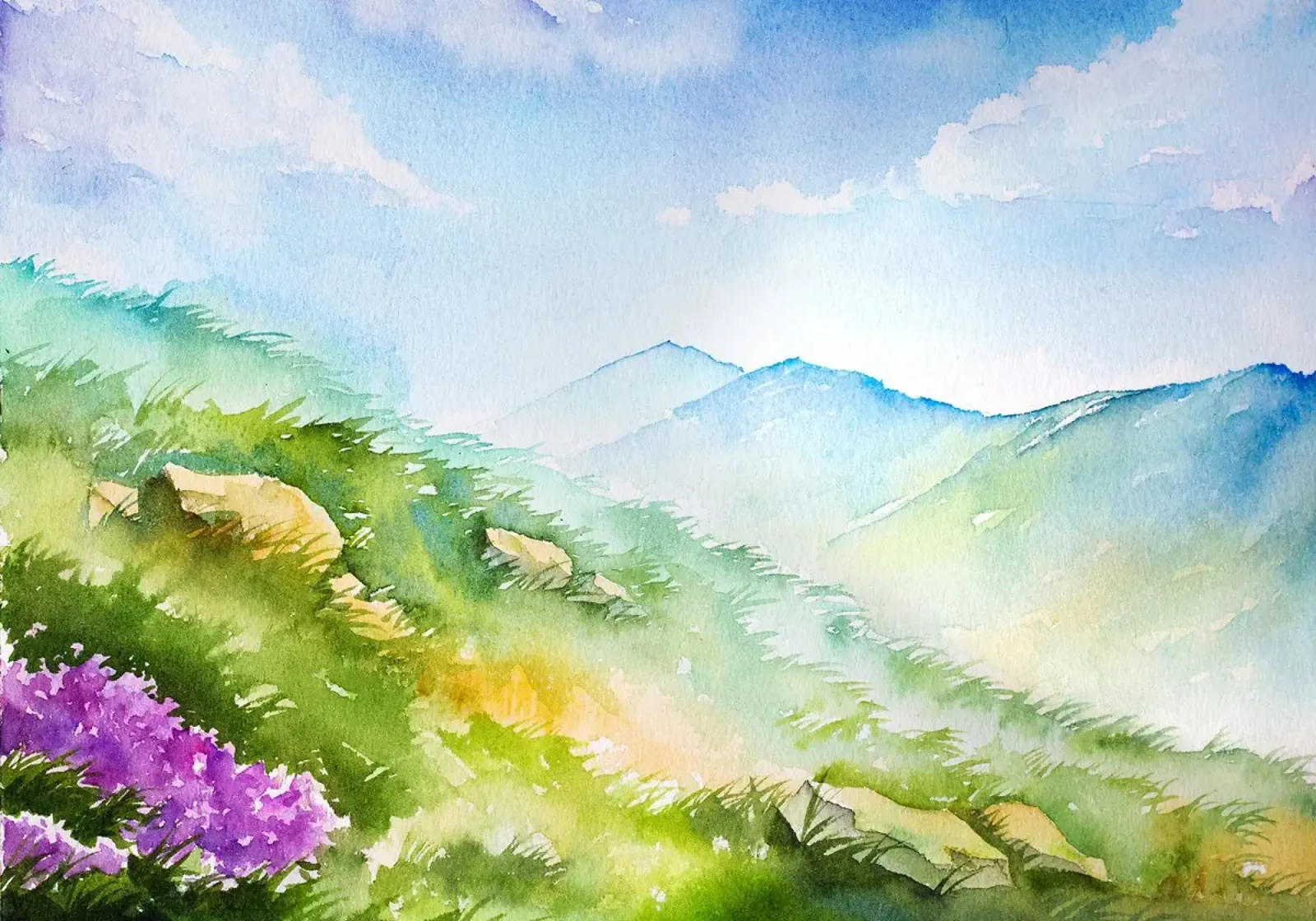 montañas cielo nubes hierba colinas flores flores silvestres ridgel poster con marco de plástico de minerva santiago