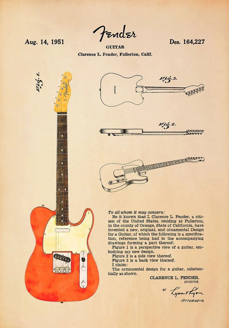 electric guitar guitar design patent design musical instrume poster by Hien T Huynh