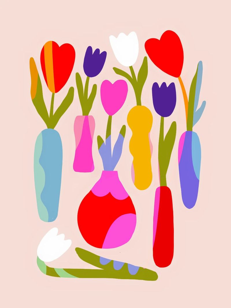 Tulipes rétro dans des vases - Collage floral coloré poster de Dominique Vari
