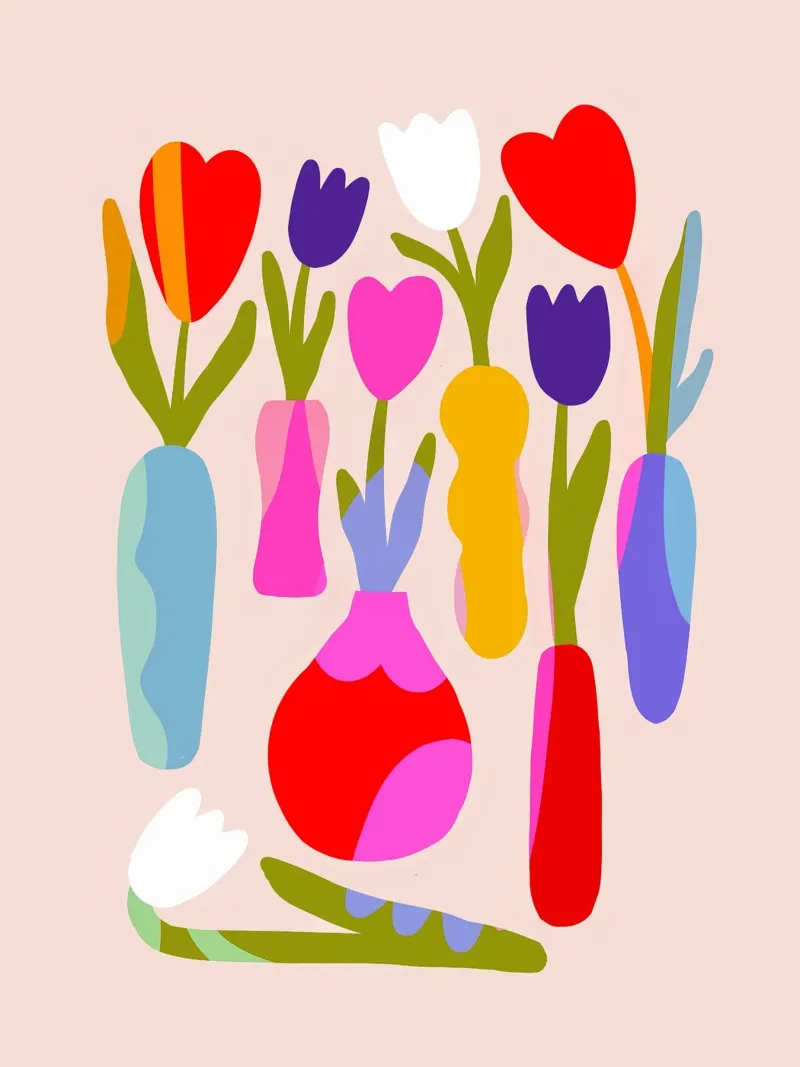 Tulipani retrò in vaso - Collage artistico floreale colorato tela con Cornice a cassetta da Dominique Vari