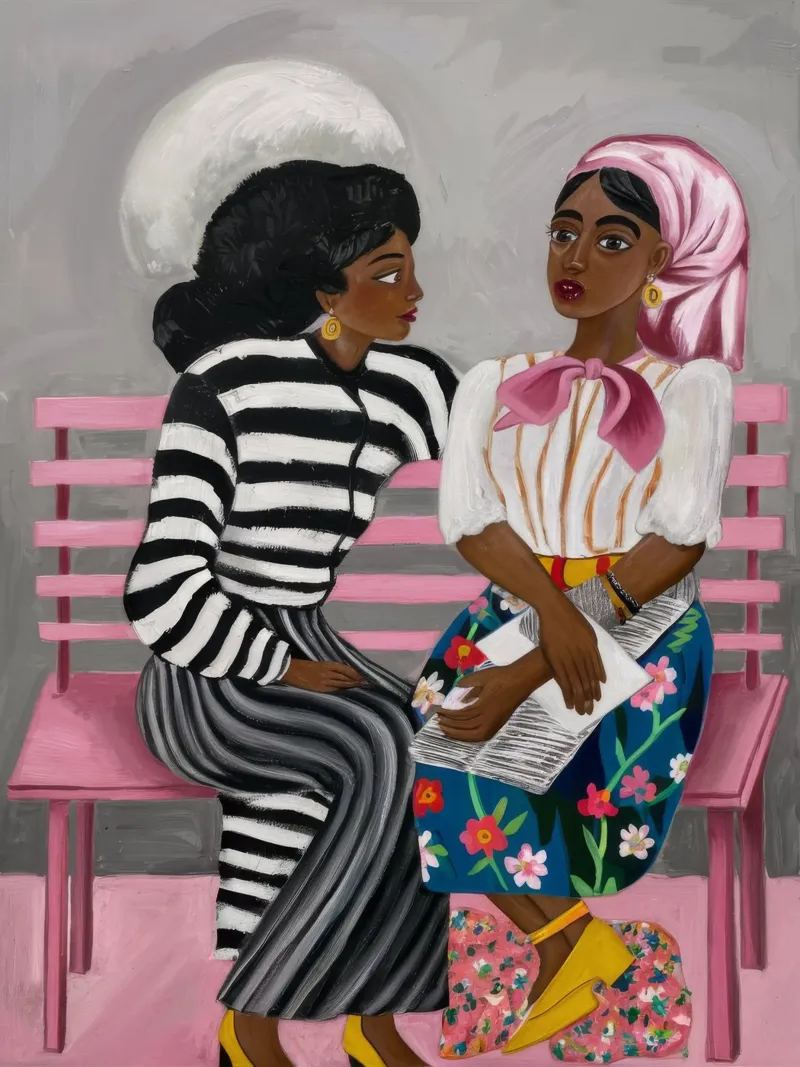 Conversazioni in panchina poster con telaio in alluminio da Ebony Carpenter