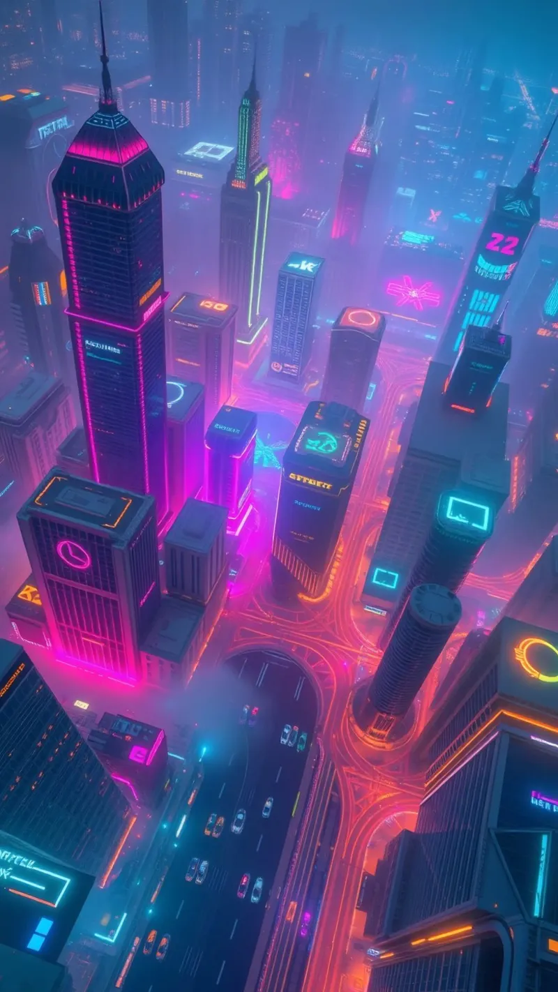 Vibrante skyline della città al neon con edifici astratti e luminosi poster da DesignDoodle