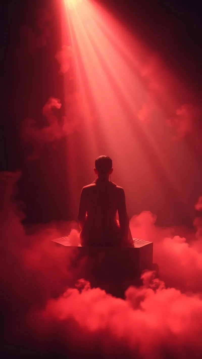Captivating red light envelops a man sitting on a box in fog canvas with Floater frame by DesignDoodle
