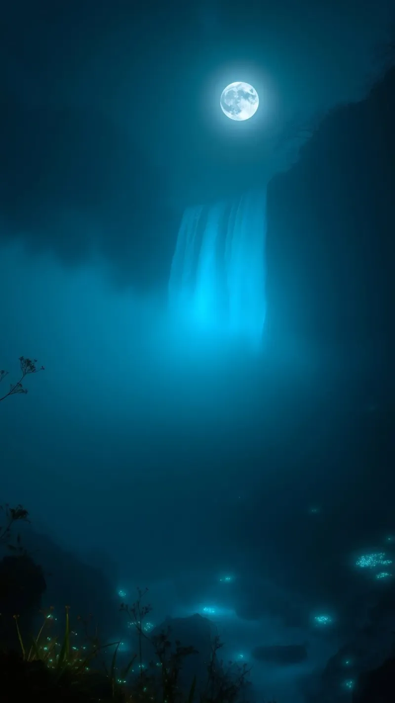 La bellezza di una cascata al chiaro di luna in una notte stellata pellicola backlit da DesignDoodle