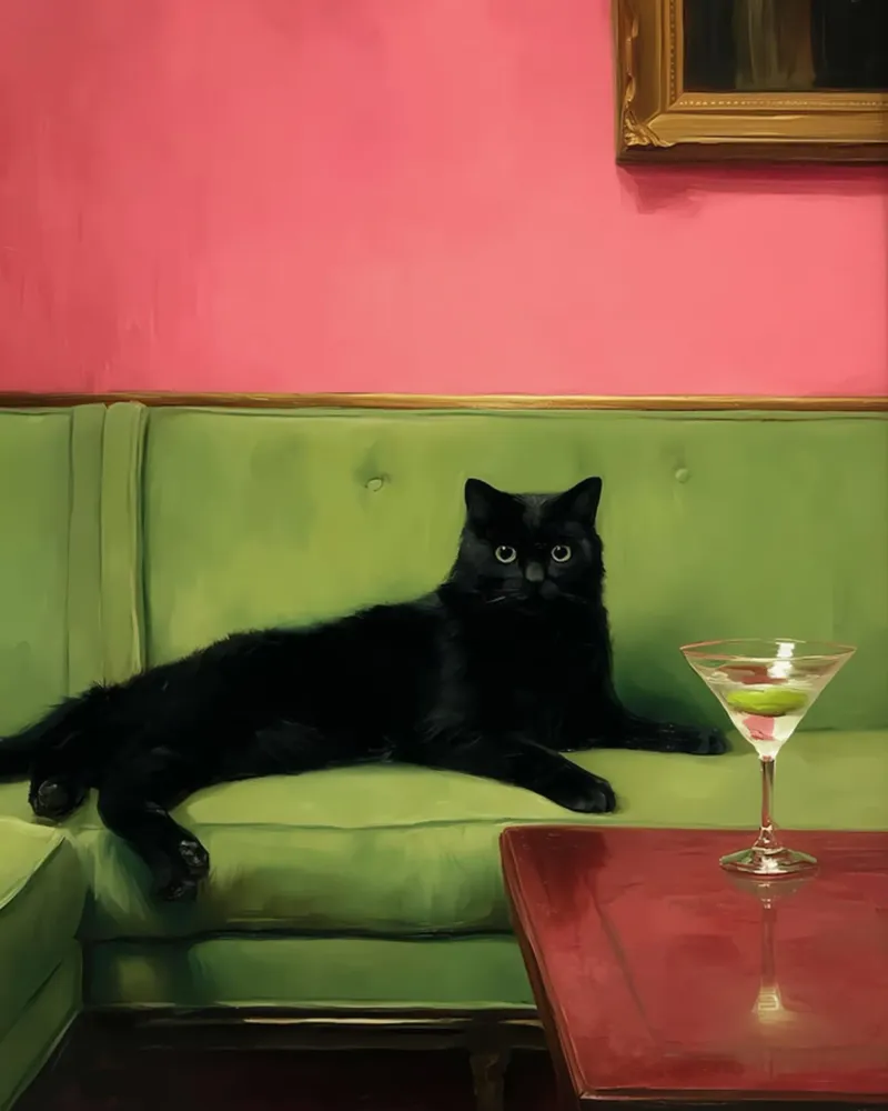 Gatto nero con cocktail poster con telaio in legno da animals_studio