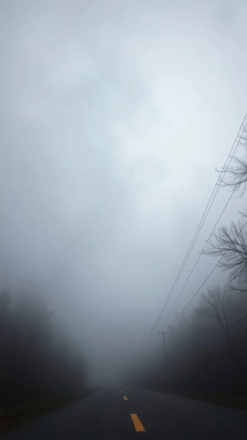 Strada nebbiosa con striscia gialla che scompare nella fitta nebbia pellicola backlit da DesignDoodle
