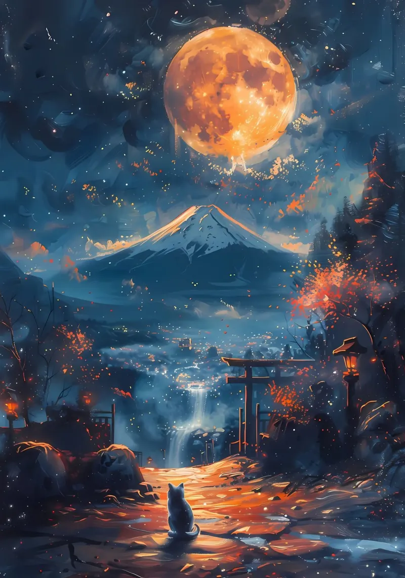 full moon cat mountain waterfall torii gate lanterns autumn canvas by Ashish Kashyap