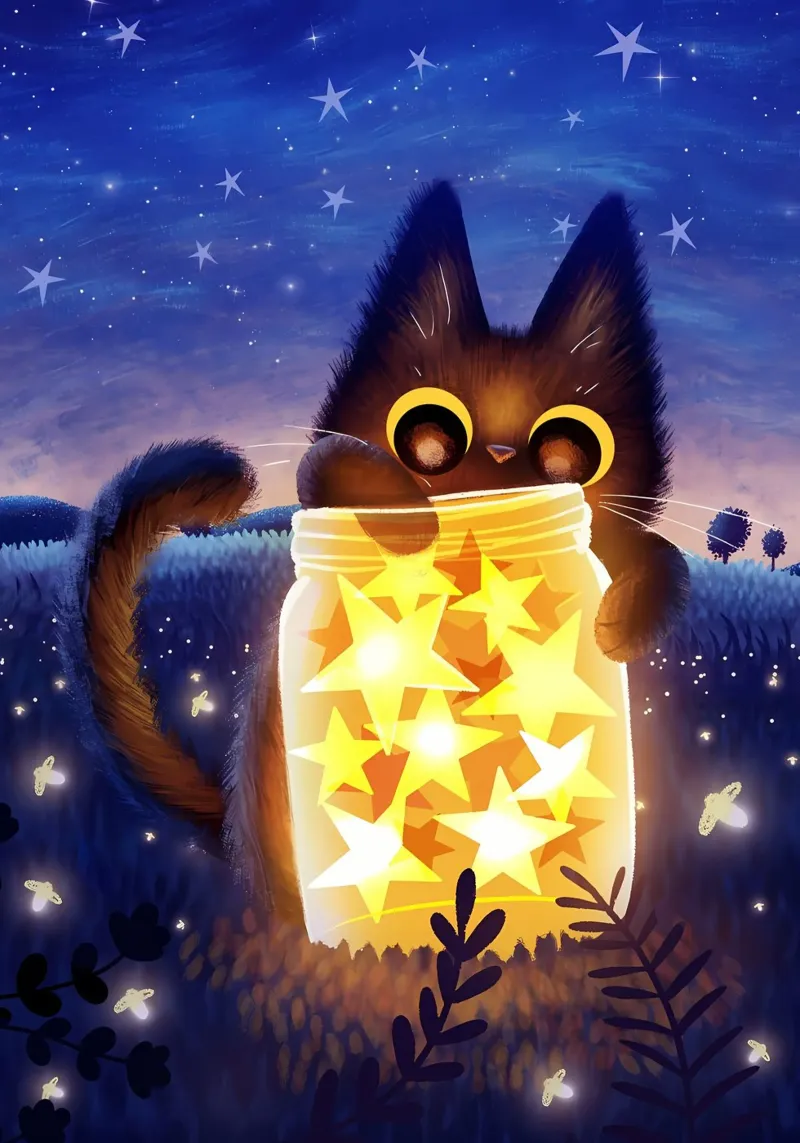 gato tarro estrellas cielo nocturno luciérnagas campo hierba brillo follaje t hahnemühle de Ashish Kashyap