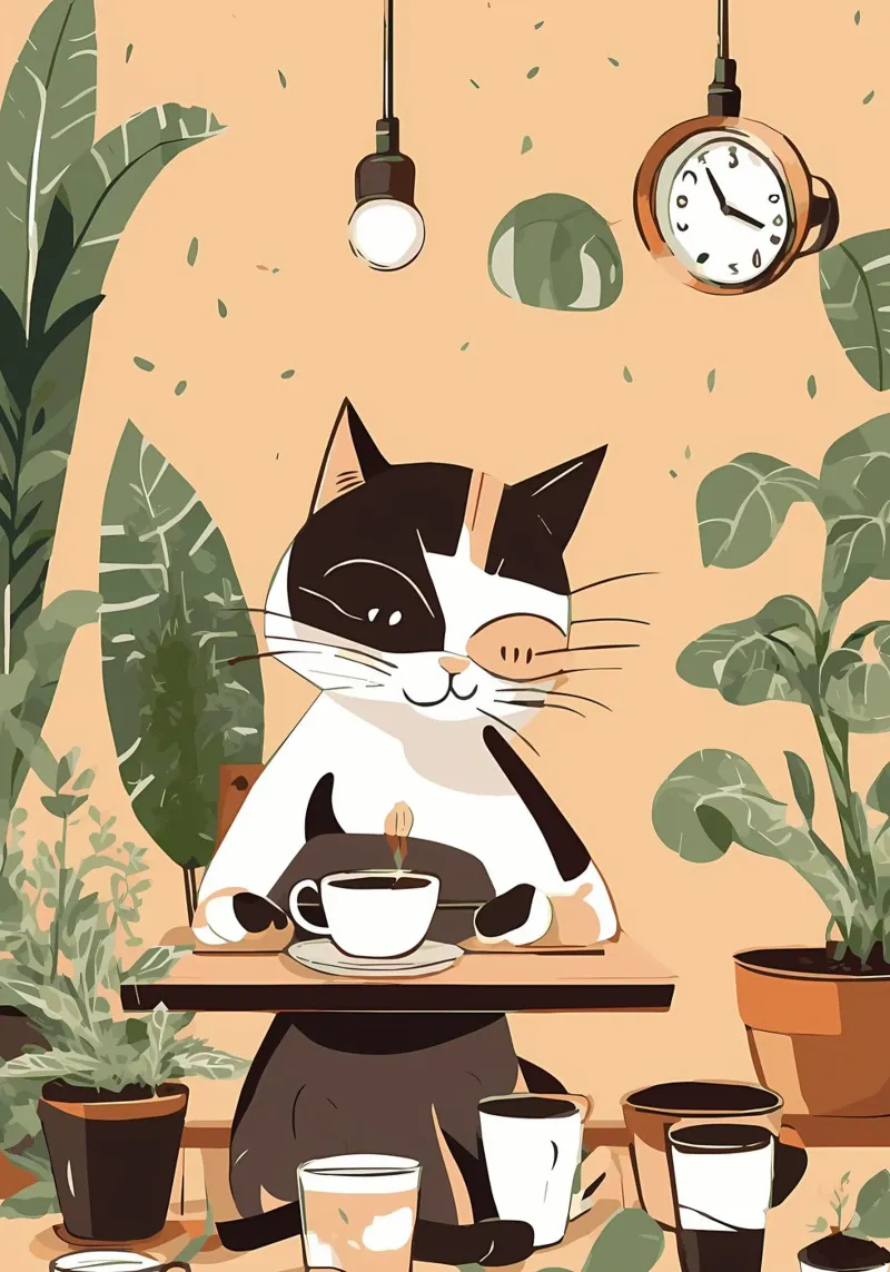 gatto tazza da caffè piante appese lampadina appesa orologio da tavolo poster con telaio in alluminio da Ashish Kashyap