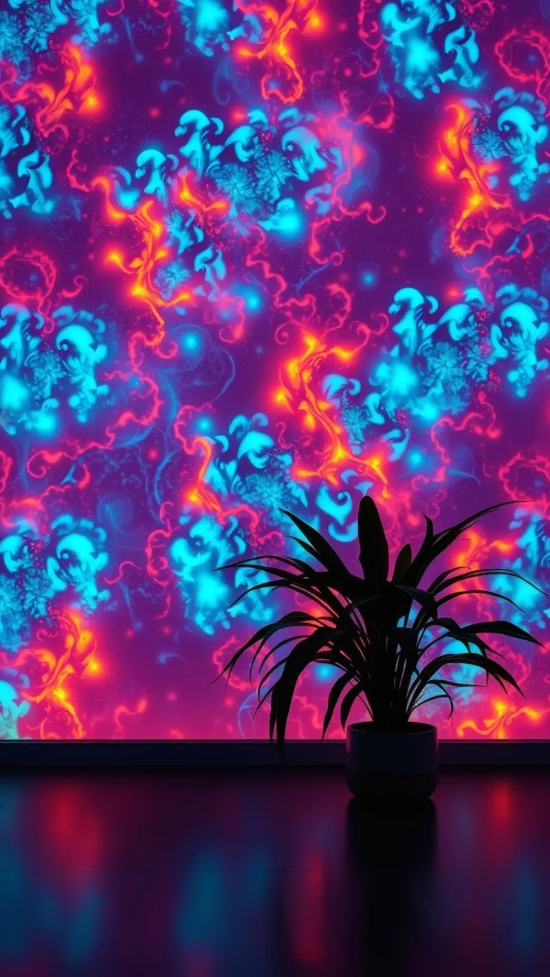 glowing patterns with a silhouette of a potted plant canvas by DesignDoodle