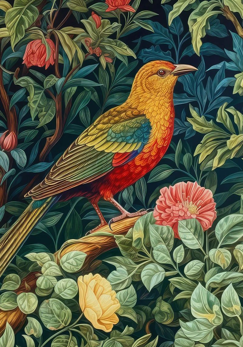 perched bird tropical lush greenery william morris poster by komo store