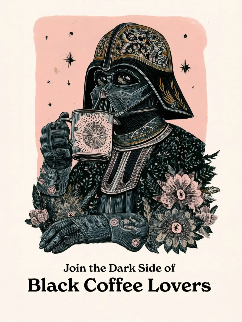 Darth Vader beve il caffè nero Poster - Star Wars Woodblock pellicola backlit da Kaji