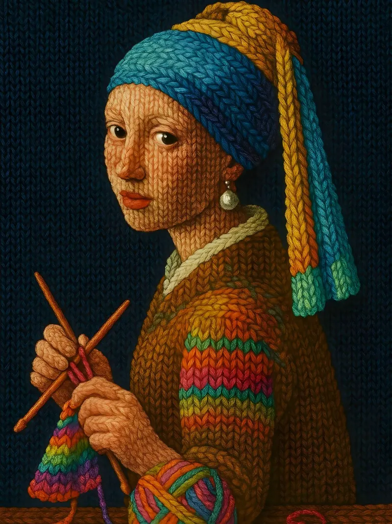 Ragazza con l'orecchino di perla Lavorare a maglia poster con telaio in alluminio da ARTOMATIC