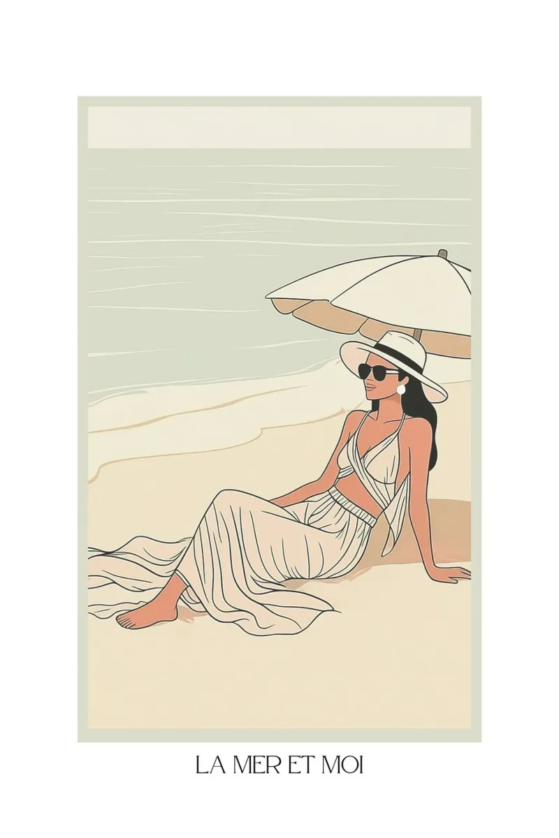 Retro beach poster "La Mer et Moi" Minimalist wall art canvas with Floater frame by purelinia