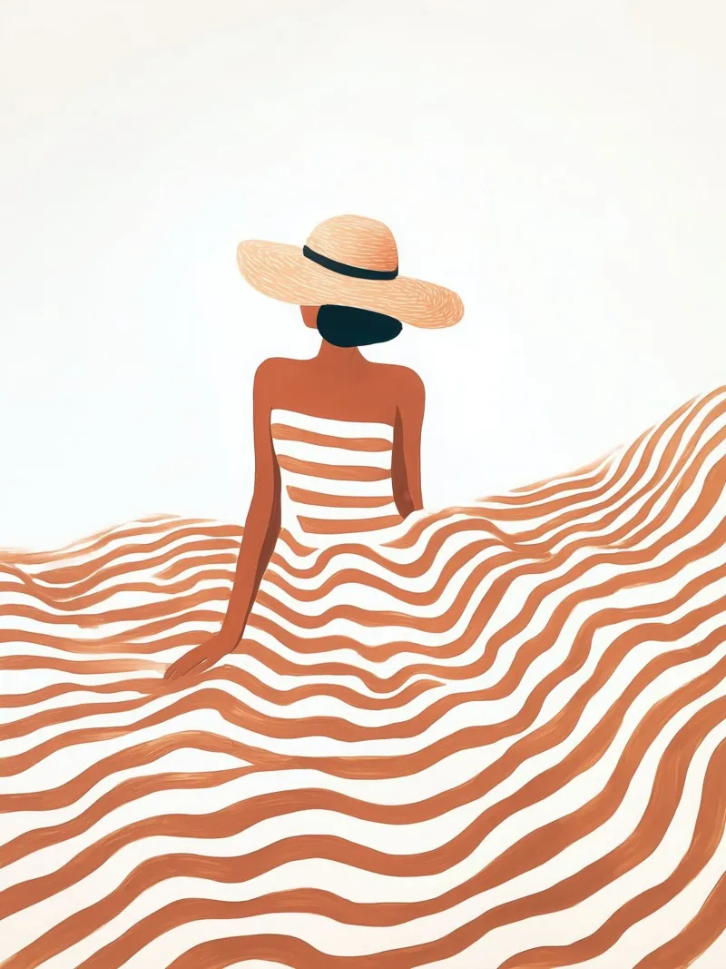 Si alza il vento | Donna a strisce sulla spiaggia poster con telaio in plastica da Autofocus