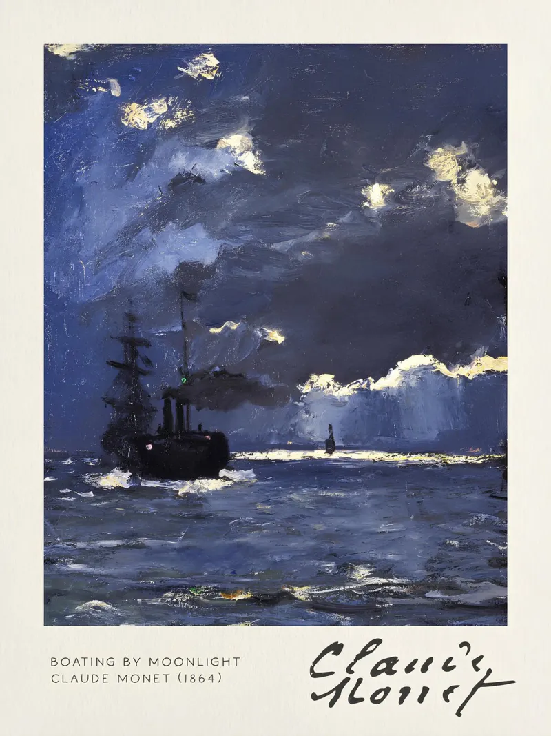 Claude Monet - Bootje varen bij maanlicht: Impressionistisch zeegezicht canvas met Baklijst van NorwesClub