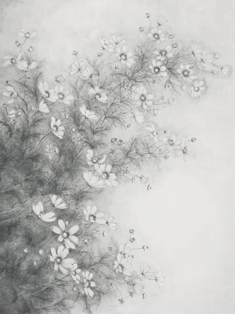 Cosmos Floral Sketch: Delicate Monochrome Botanical Art canvas with Floater frame by NorwesClub