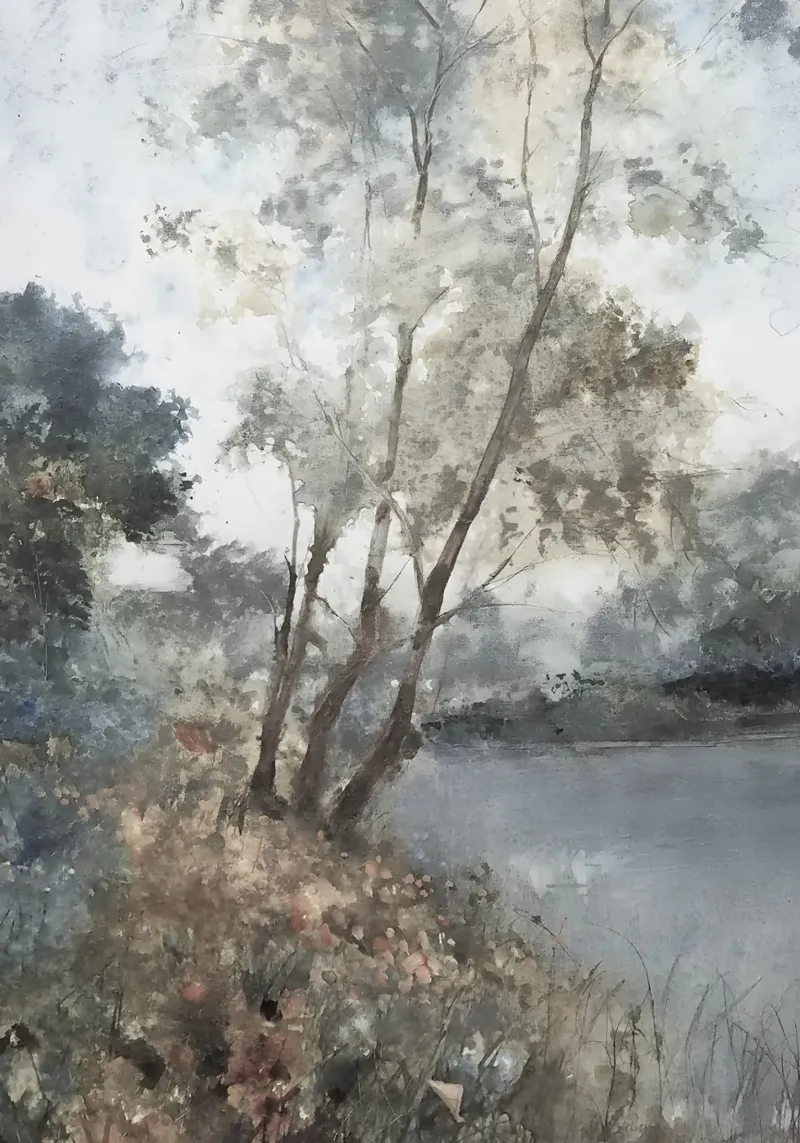 Tim O'Toole: Etherisch water, mistig landschap, natuurkunst canvas met Baklijst van NorwesClub