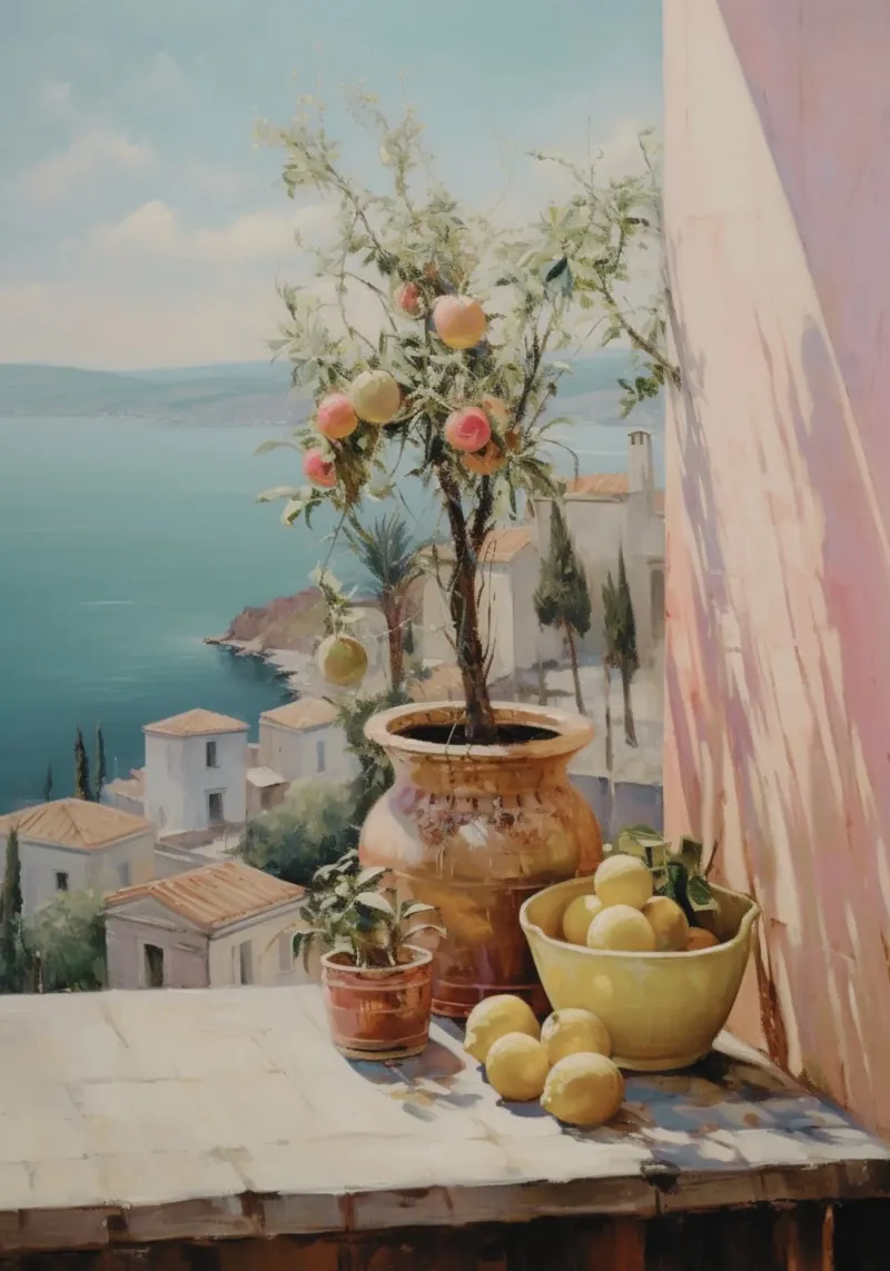 De Villeneuve Style: Lemon Tree Balcony, Mediterranean View canvas with Floater frame by NorwesClub