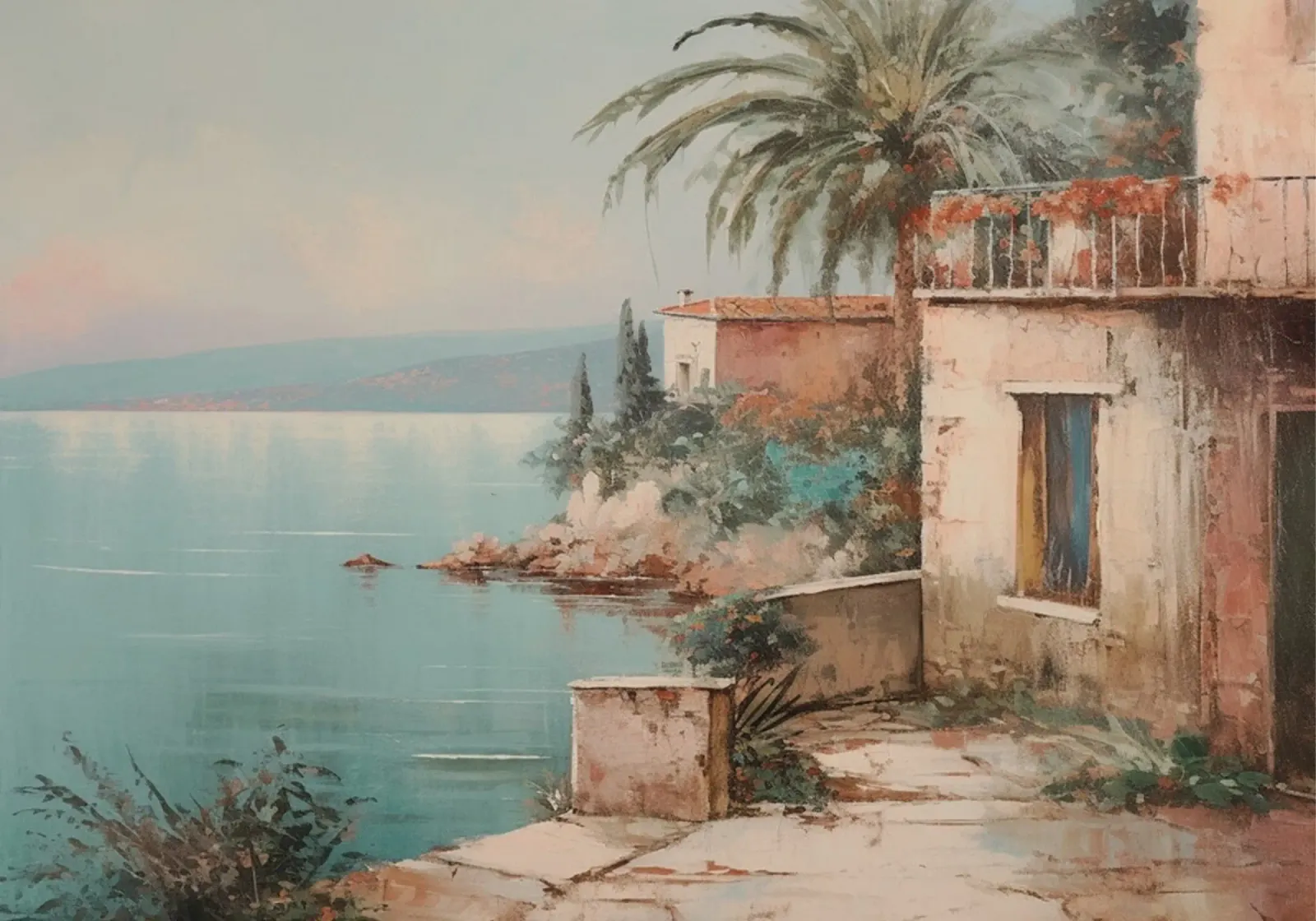 Maison au bord de la mer : Côte méditerranéenne, vue impressionniste poster avec cadre en bois de NorwesClub
