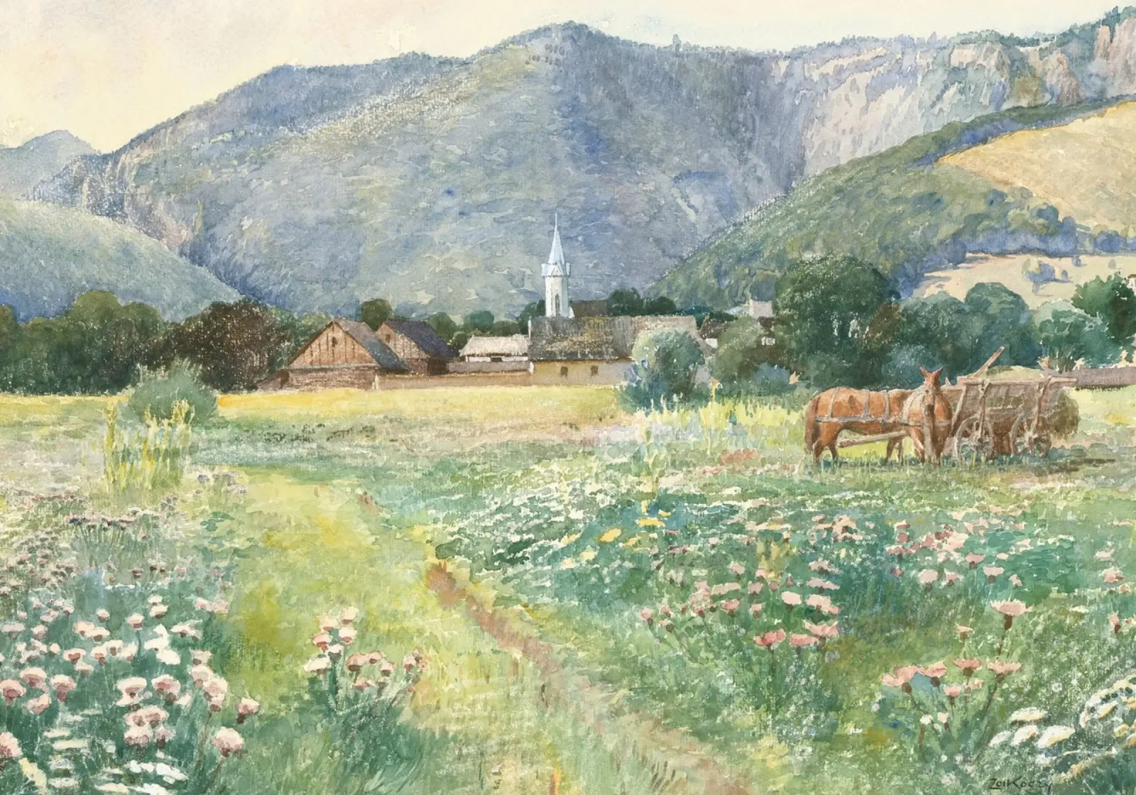 Burningham: Prato fiorito, villaggio rustico, impressionista alluminio dibond da NorwesClub