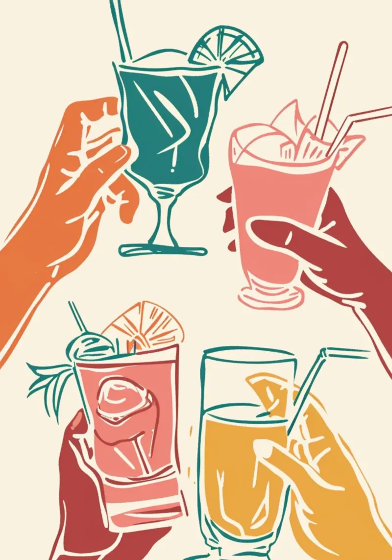 Kleurrijke Cocktail Toast Art Print - Retro Bar Decor - Proost poster met aluminium frame van NorwesClub