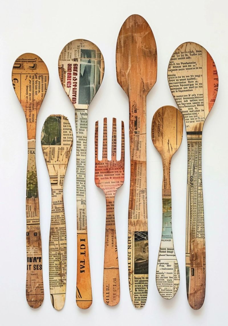 Collage d'ustensiles de cuisine dans un journal vintage - Art mural rustique poster de NorwesClub