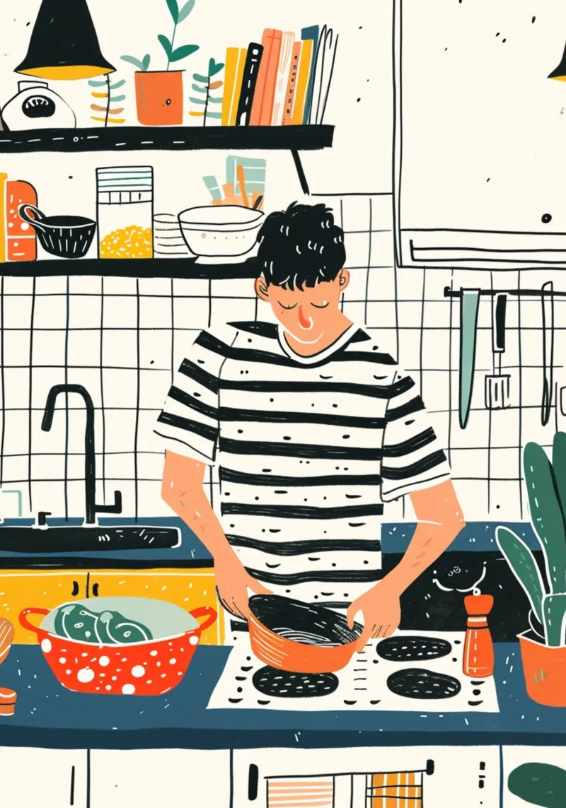 Man die in moderne keuken kookt Kunst - Dagelijks Leven Illustrati canvas van NorwesClub