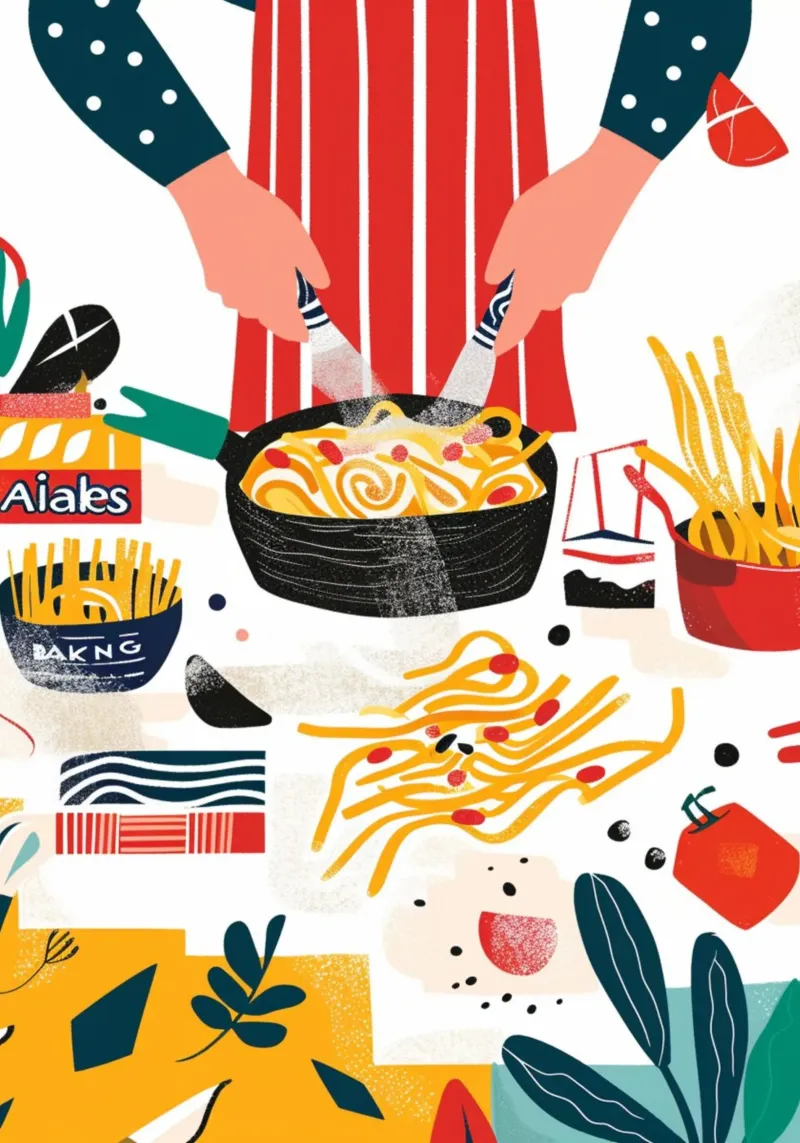 Abstracte Pasta Koken Kunst Print - Levendige Keuken Scène canvas met Baklijst van NorwesClub