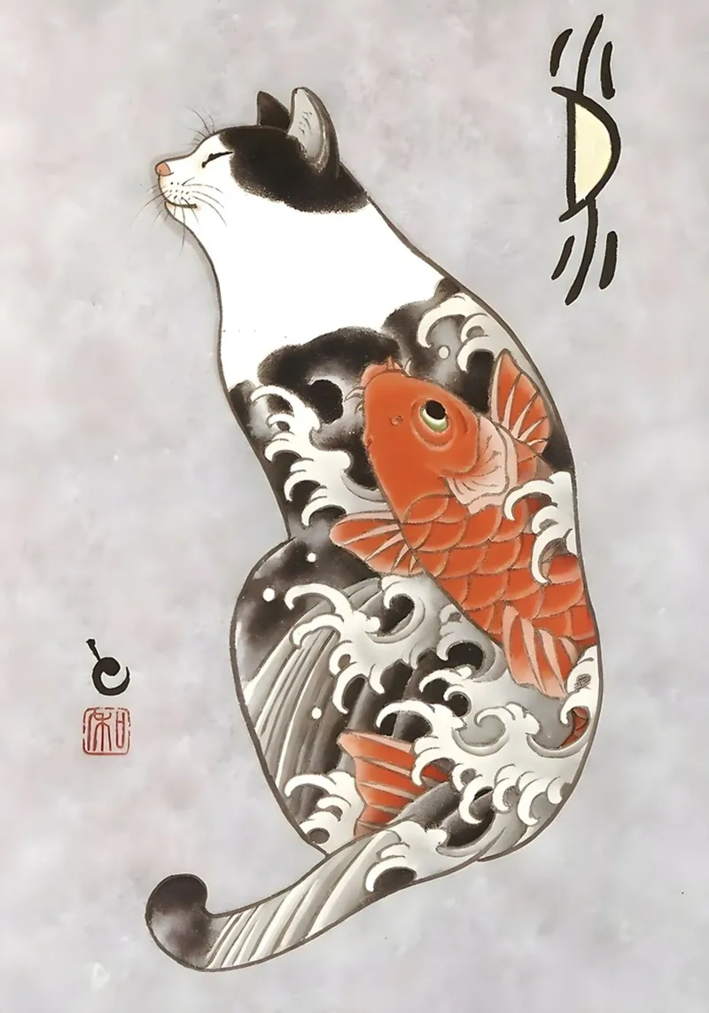 Ukiyo e Cat Tattoo Red Carp poster con telaio in alluminio da GoArt
