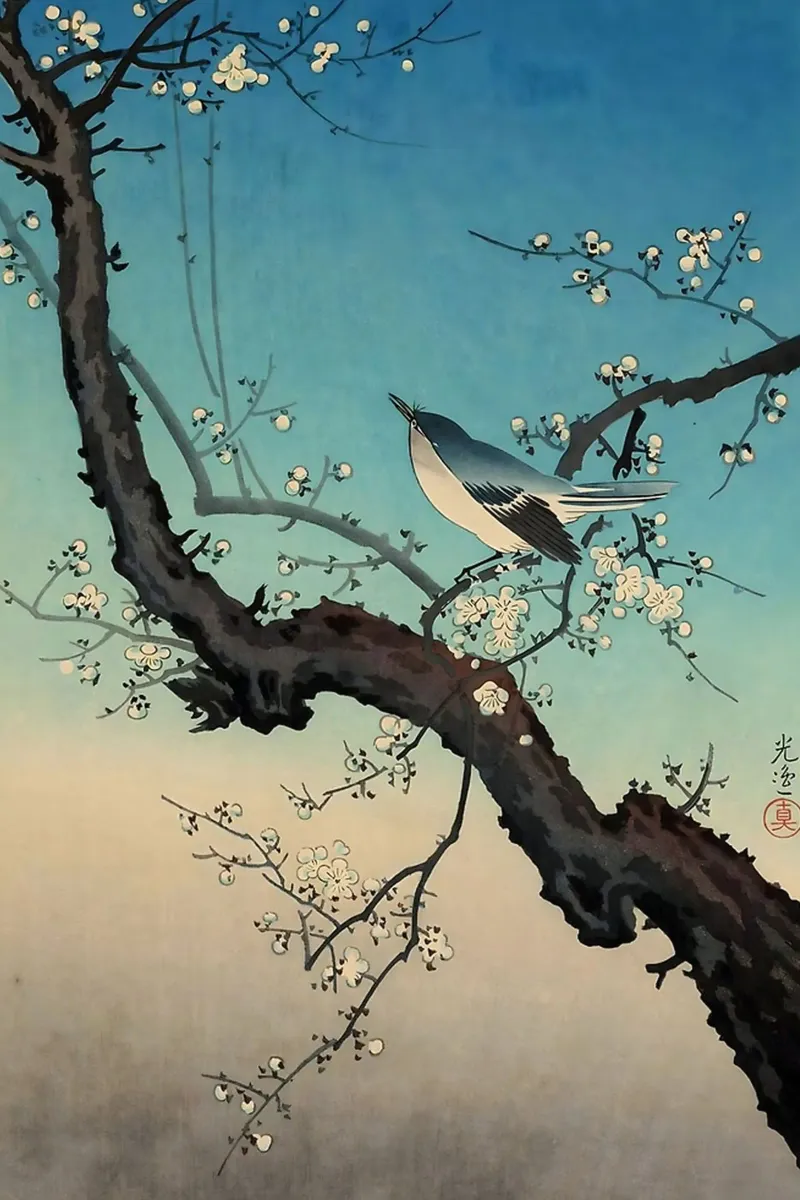 bush warbler and plum blossoms-Tsuchiya Koitsu poster con telaio in plastica da GoArt