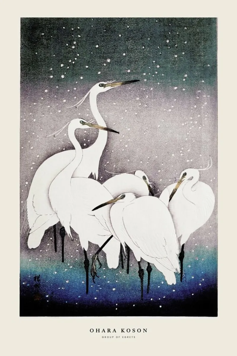 Koson - Group of Egrets pellicola backlit da Vintage by JUNIQE